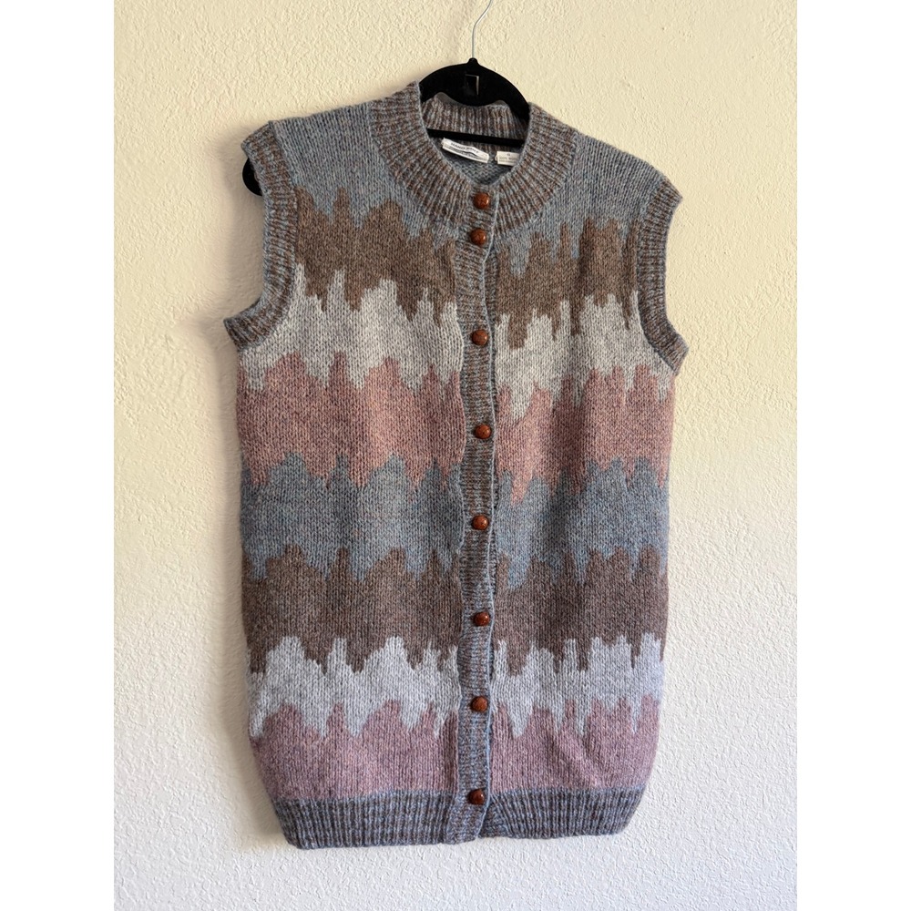 Vintage Ellen Tracy Hand Knit Wool Multi Color Button Front Sweater Vest Small